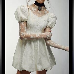 Sister Jane white brocade puff sleeve bubble hem puff mini dress